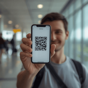 a traveler holding mobile phone with eSIM QR activated