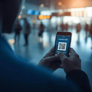 a traveler holding mobile phone with eSIM QR activated
