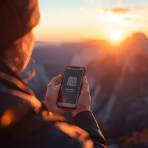 a traveler holding mobile phone with eSIM QR activated