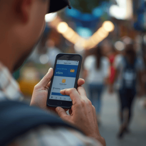 a traveler holding mobile phone with eSIM activated