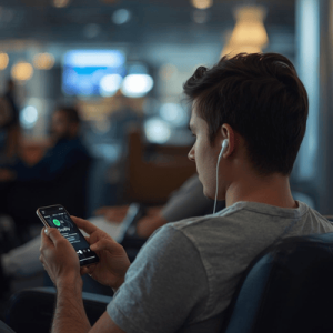 a traveler listening to spotify while on airport lounge