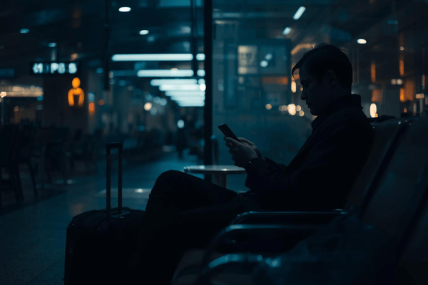 a traveler on an airport lounge using mobile phone