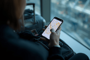 a traveler preparing for a travel holding a mobile phone