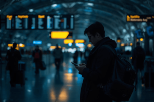 a traveler using a mobile phone on the airport