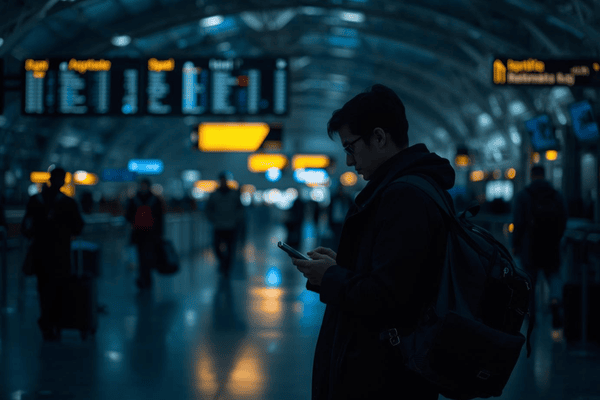 a traveler using a mobile phone on the airport