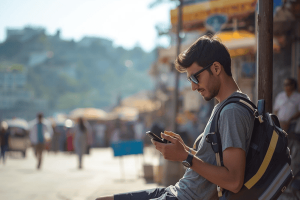 a traveler using mobile phone while on vacation
