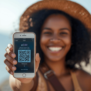 happy traveler holding phone with eSIM Qr code