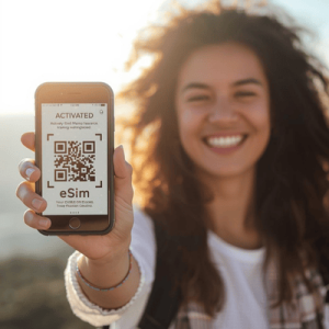 happy traveler holding smartphone with activated eSIM QR code
