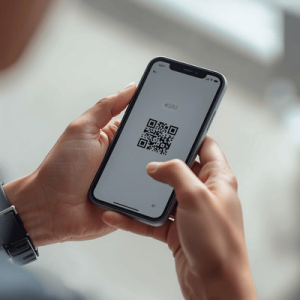 traveler holding phone with eSIM qr code