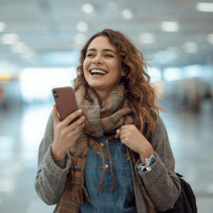 traveler in a airport or terminal holding phone happy