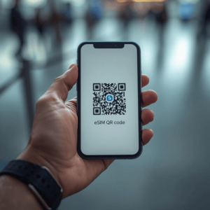 traveler showing mobile phone with eSIM QR code