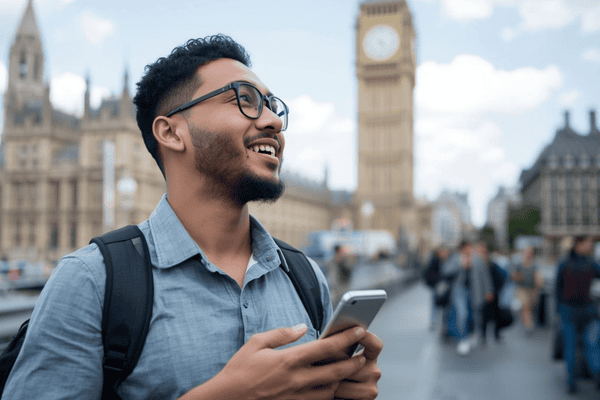 a happy tourist with mobile phone arriving at United Kingdom