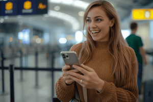 A happy tourist arriving at the airport holding a smartphone
