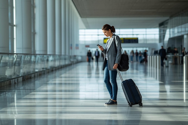 A traveler going to airport while using smartphone
