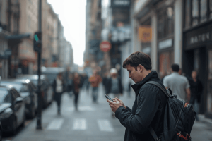 A traveler on a city standing using a smartphone
