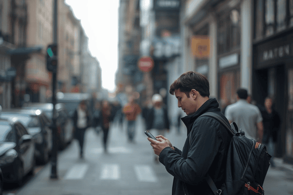 A traveler on a city standing using a smartphone