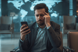 Frustrated traveler with 'No Signal' on phone at airport