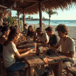 a digital nomads using mobile phone on a cafe or beach