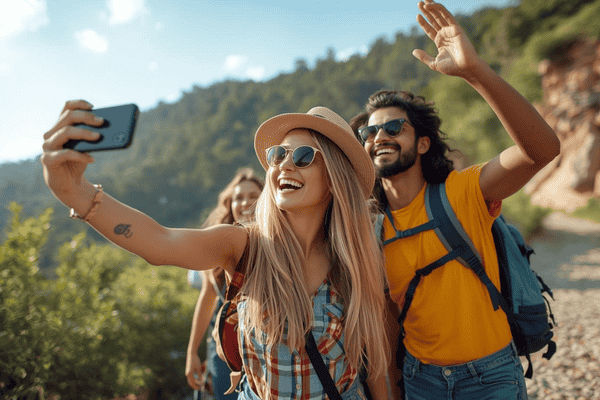 a family on travel, one holding a smartphone