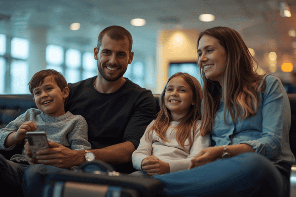 a family traveler happily waiting on the airport lounge