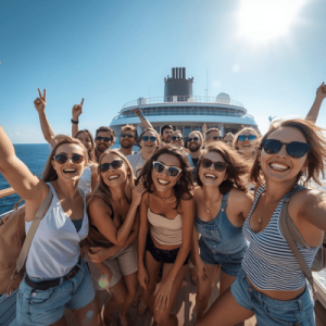 a group of happy travelers on a cruise ship