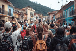 a group of tourists traveling a country, other holding a smartphone