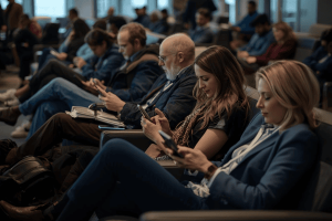 a group of travelers in airport lounge using mobile phone