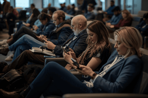 a group of travelers in airport lounge using mobile phone