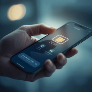a hand holding a mobile phone with eSIM