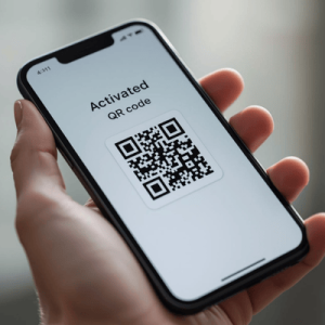 a hand holding a smartphone with activated eSIM QR code