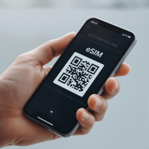 a hand holding a smartphone with activated eSIM QR code