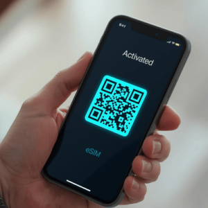 a hand holding a smartphone with activated eSIM QR code