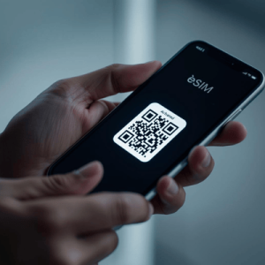a hand holding a smartphone with activated eSIM QR code