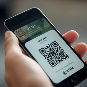 a hand holding a smartphone with activated eSIM QR code