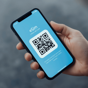 a hand holding a smartphone with activated eSIM QR code