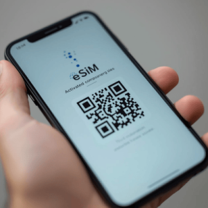 a hand holding a smartphone with activated eSIM QR code