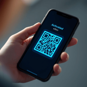 a hand holding a smartphone with activated eSIM QR code