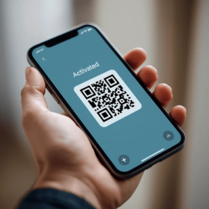 a hand holding a smartphone with eSIM QR activated