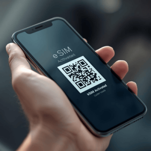 a hand holding a smartphone with eSIM activated QR