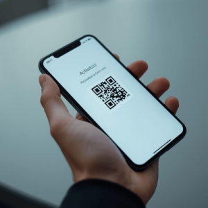 a hand holding a smartphone with eSIM activated QR