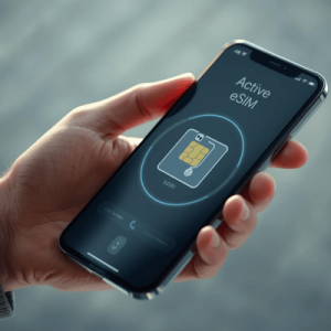 a hand holding smartphone with eSIM activated