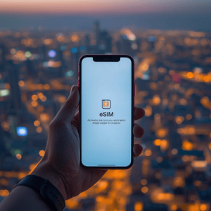 a hand holding smartphone with eSIM activated in Dubai