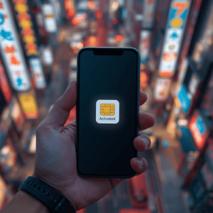 a hand holding smartphone with eSIM activated in Japan