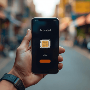 a hand holding smartphone with eSIM activated in Thailand