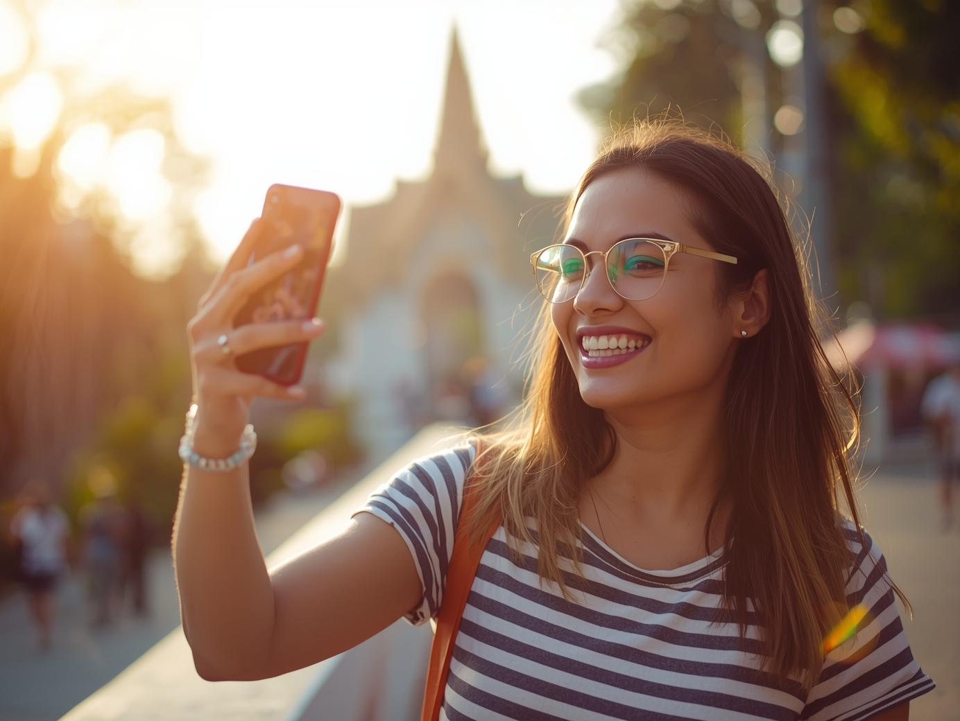 a happy tourist traveling to Thailand using smartphone