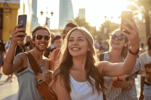 a happy tourists traveling to Dubai using smartphone