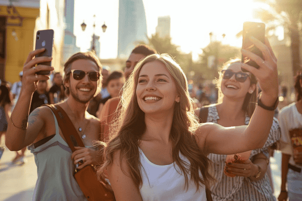 a happy tourists traveling to Dubai using smartphone