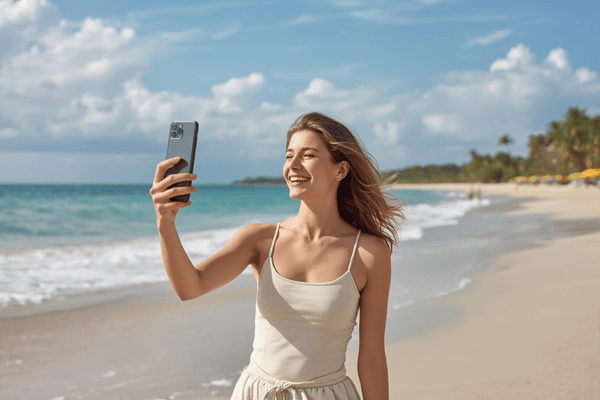 a traveler on vacation holding a smartphone