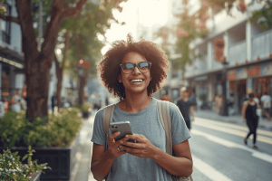 a happy traveler holding a mobile phone while strolling in Singapore