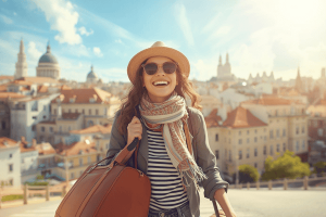 a happy traveler traveling abroad